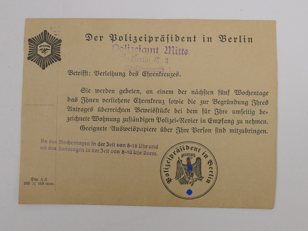 3.Reich Drucksache Verleihung des Ehrenkreuzes Der Polizeipräsident Berlin Mitte 1935