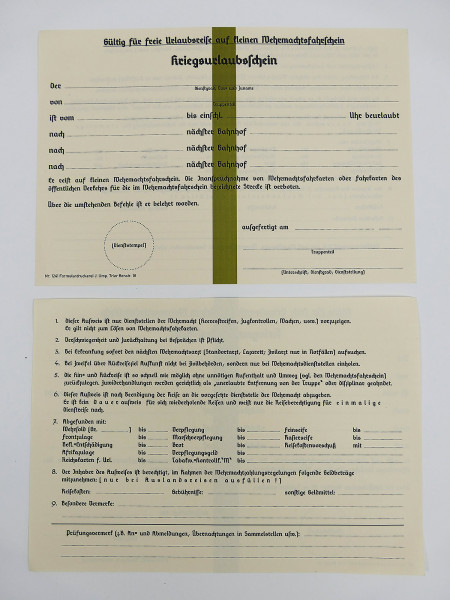 Vordruck Formular "Kriegsurlaubsschein" Urlaubsschein freie Urlaubsreise kl. Wehrmachts Fahrschein