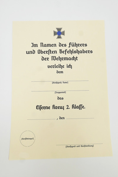 Verleihungsurkunde Eiserne Kreuz 2.Klasse