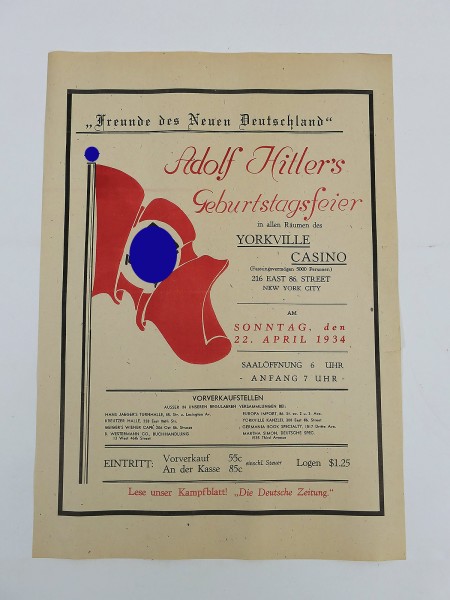 Original Plakat Aushang Einladung zur Geburtstagsfeier von Adolf Hitler in New York - 1934