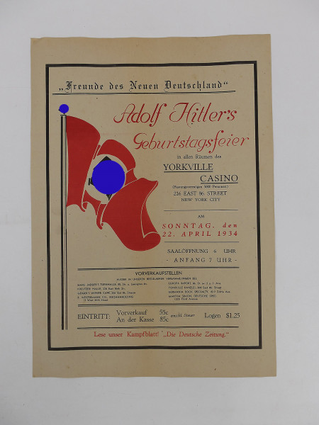Original Plakat Aushang Einladung zur Geburtstagsfeier von Adolf Hitler in New York - 1934