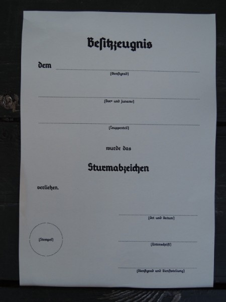 Besitzzeugnis "Sturmabzeichen"
