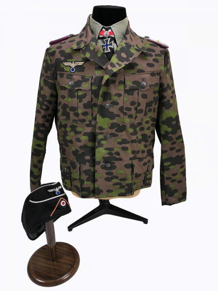 WH Panzertruppe Uniform Ensemble Tarnjacke des Otl. A. Schulz Viertaschenrock POLYSPOT Ritterkreuz