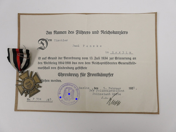 WK1 Kriegsteilnehmer Ehrenkreuz 1914/1918 T.&T.L. für Frontkämpfer mit Verleihungsurkunde 1935