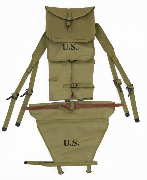 SET US M-1928 Haversack db.mfg.42 Sturmgepäck + Trapez Verlängerung + Kochgeschirrtasche