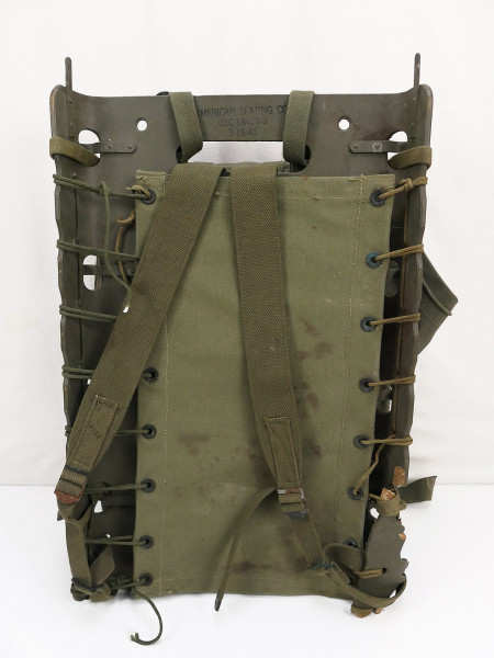 Original US ARMY WW2 Packboard Trageschale Rahmen Tragegestell 1945 beschädigt mit Rucksack