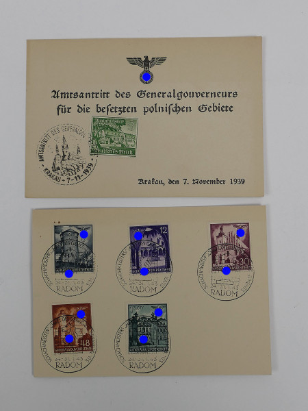 #74/ Postkarte Krakau Polen Amtsantritt Generalgouverneur 1939 / Satz Briefmarken Radom Schach