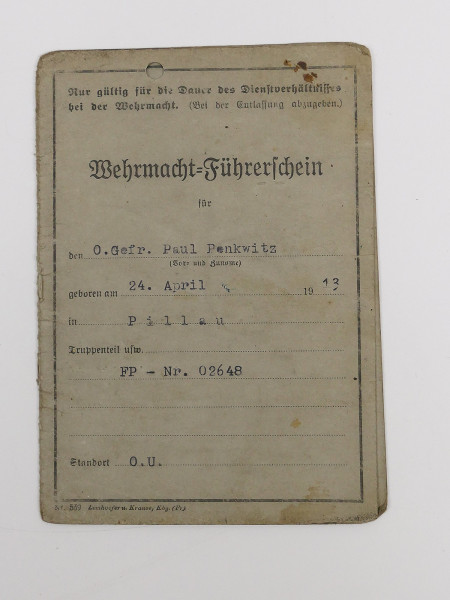 3.Reich Wehrmacht Führerschein 1942 / Klasse 2 / Obergefreiter